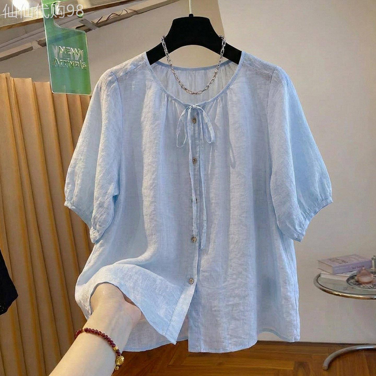 亚麻短袖衬衫女夏季薄款2026新款灯笼袖宽松大尺码显瘦棉麻上衣衬