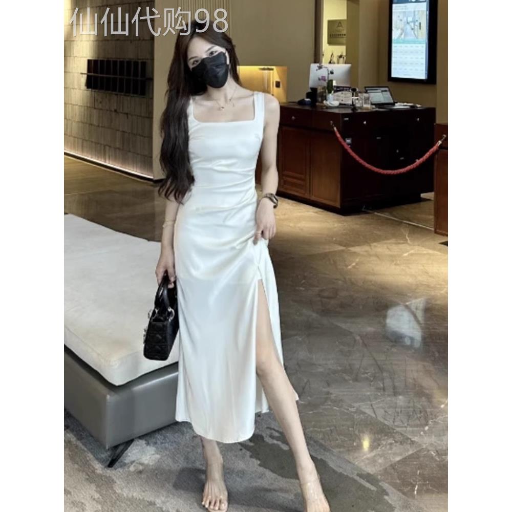 法式白色吊带连衣裙女夏季欧货修身高腰开叉长裙褶皱包臀裙a字裙