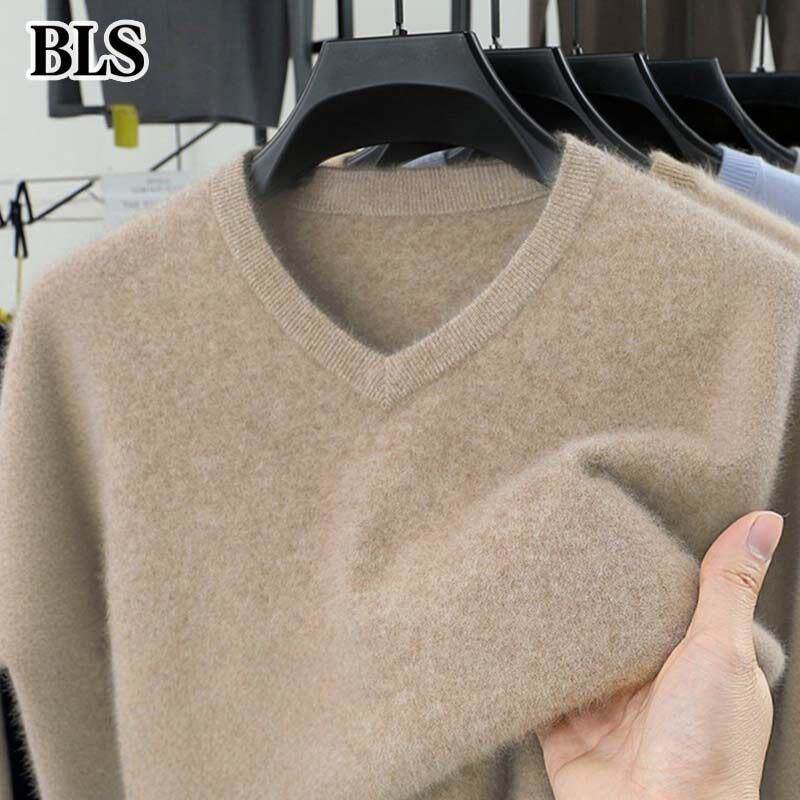 高端纯羊毛V领羊毛衫男冬季2025新款加厚保暖毛衣男士针织打底衫