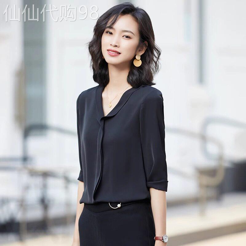 V领雪纺衬衫女夏季薄款2026新款时尚通勤宽松显瘦五分袖冰丝上衣
