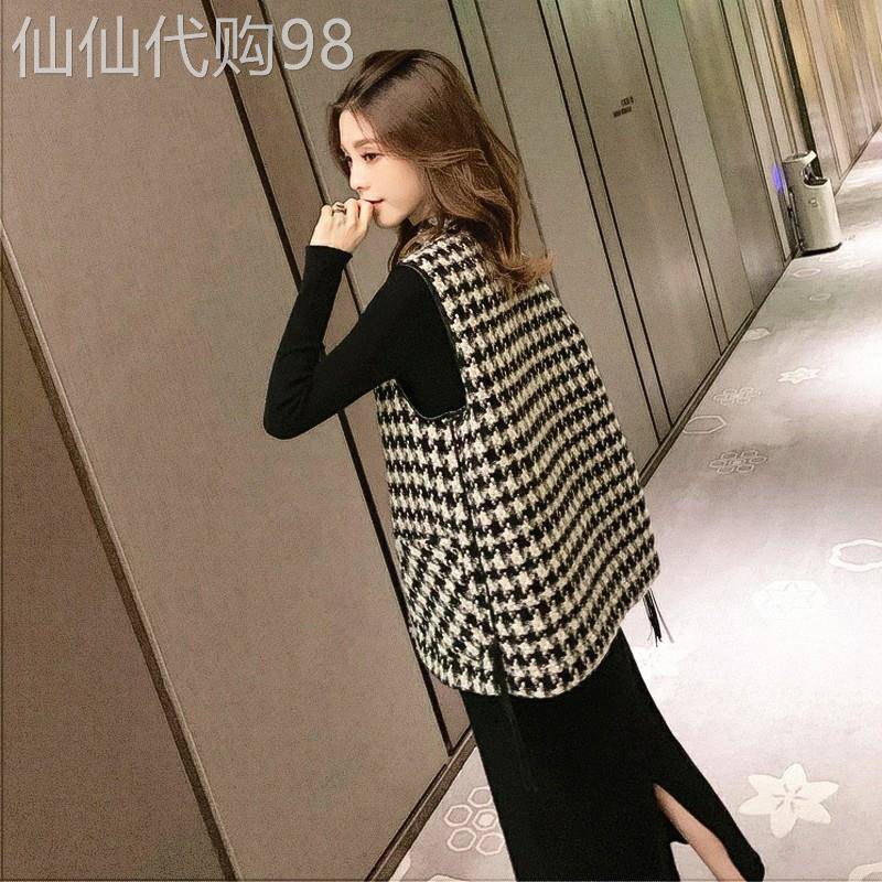 针织马甲女春秋深圳欧货爆款小衫宽松背心时尚千鸟格坎肩马夹外套