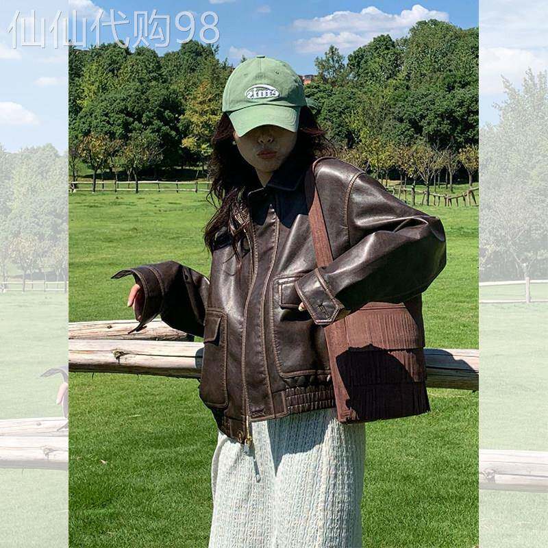 美式覆古小香风棕色皮衣外套女秋季2025新款小个子短款机车夹克春