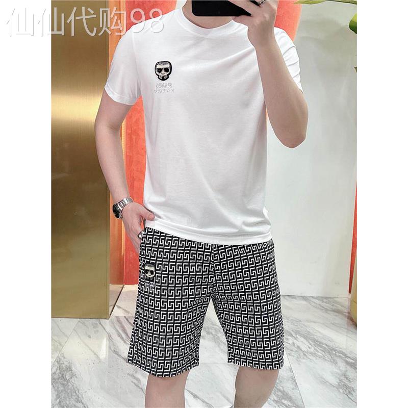 时尚潮牌修身青年套装男士夏季新款烫钻印花休闲短袖短裤两件套男