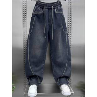 高端男士冬天加绒牛仔裤男潮牌弯刀裤美式休闲男裤子覆古工装裤厚