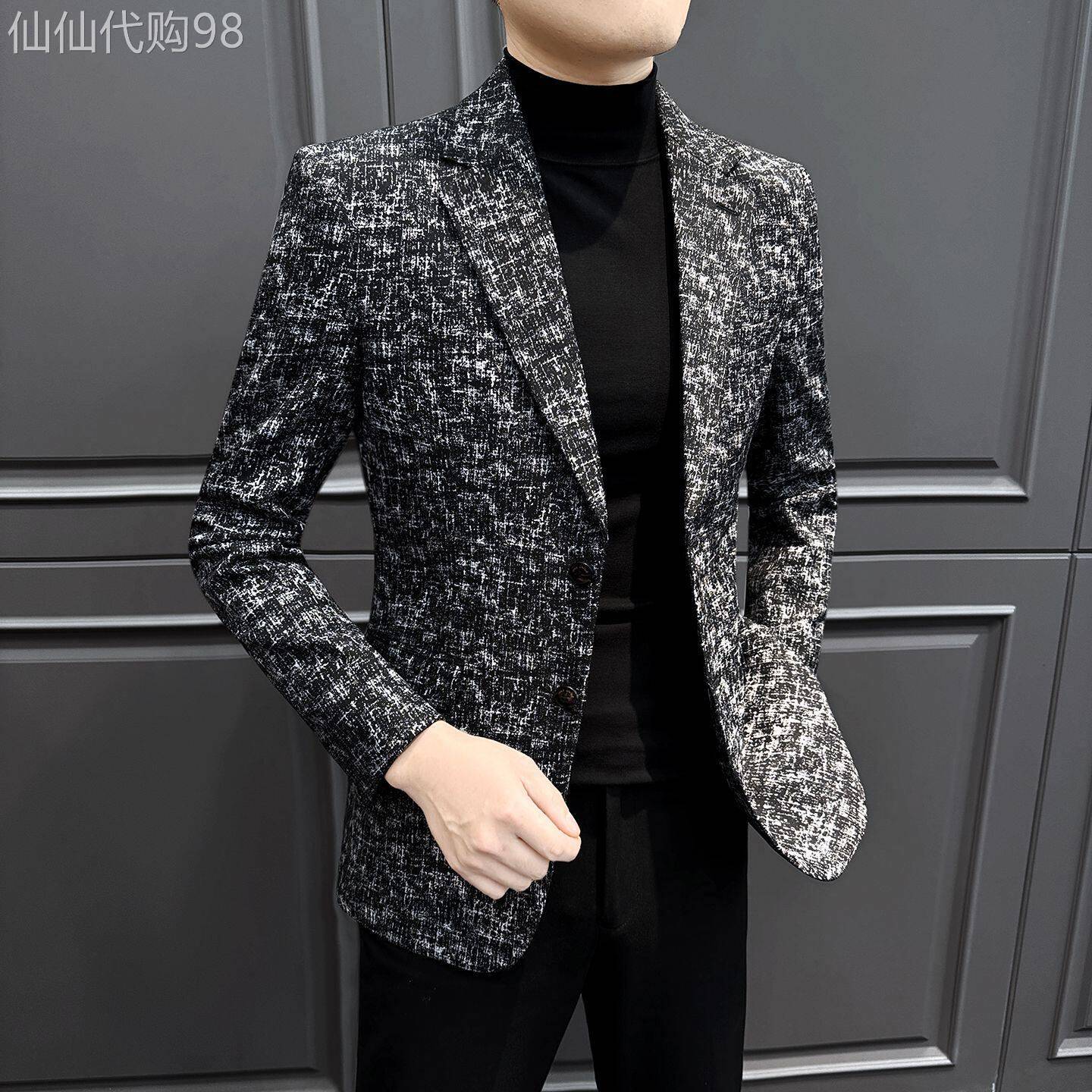欧洲站小香风男士休闲西装外套高级感痞帅春秋新款黑白格纹小西服