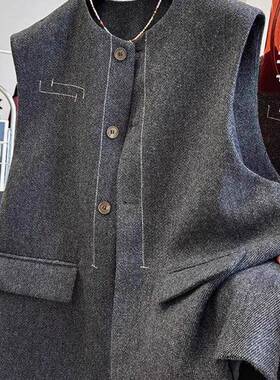 香港TIMO灰色明线毛呢西装马甲女春秋季宽松休闲无袖坎肩外套上衣
