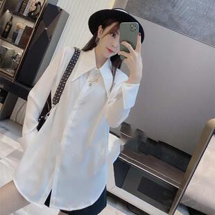 加绒加厚白色衬衫女秋冬欧货小个子polo领衬衣中长款尖领叠穿上衣