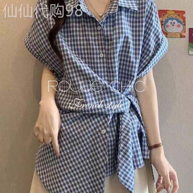 法国rouje chic夏蓝白格子短袖上衣法式不规则设计收腰系带衬衫女