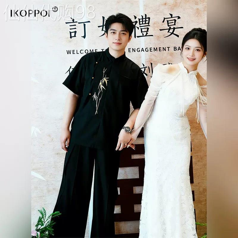 高端金竹刺绣立领衬衫新中式短袖衬衫订婚衣服男士夏季敬酒服套装