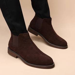 真皮切尔西靴男英伦风套筒休闲鞋短靴翻毛反绒皮靴子男士高帮皮鞋