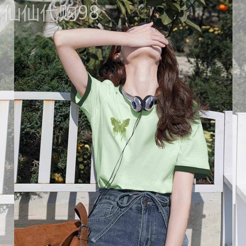 韩版浅绿色短袖t恤女2026年新款夏季撞色正肩半袖多巴胺宽松上衣