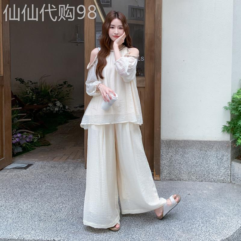 波西米亚度假风露肩上衣套装女2026夏薄款松弛感休闲宽裤两件套