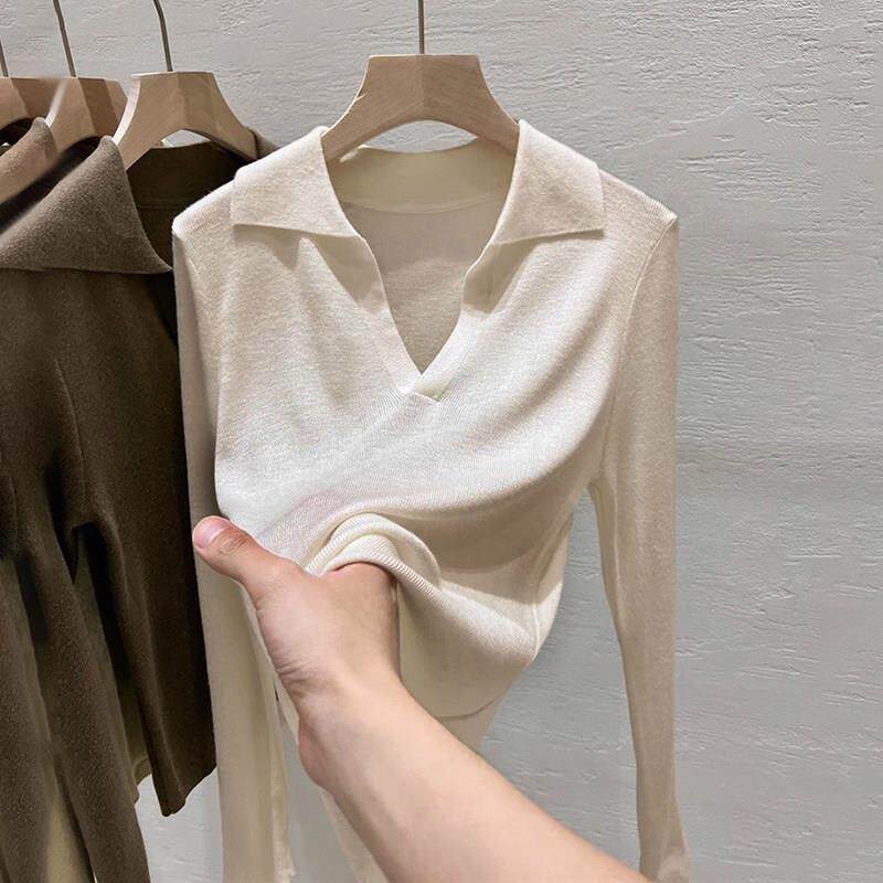 2024秋冬装新款polo领长袖针织衫女修身设计感薄款羊毛内搭打底衫