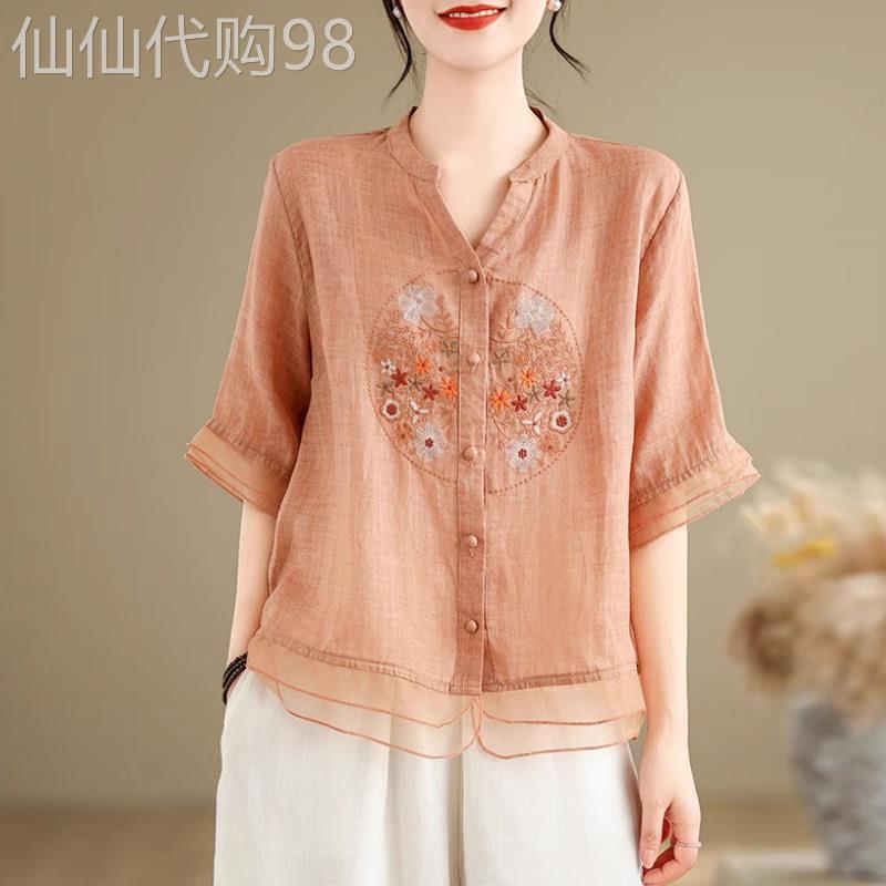 2026夏季新款中年妈妈装大码刺绣棉麻中袖衬衫女宽松显瘦上衣薄款