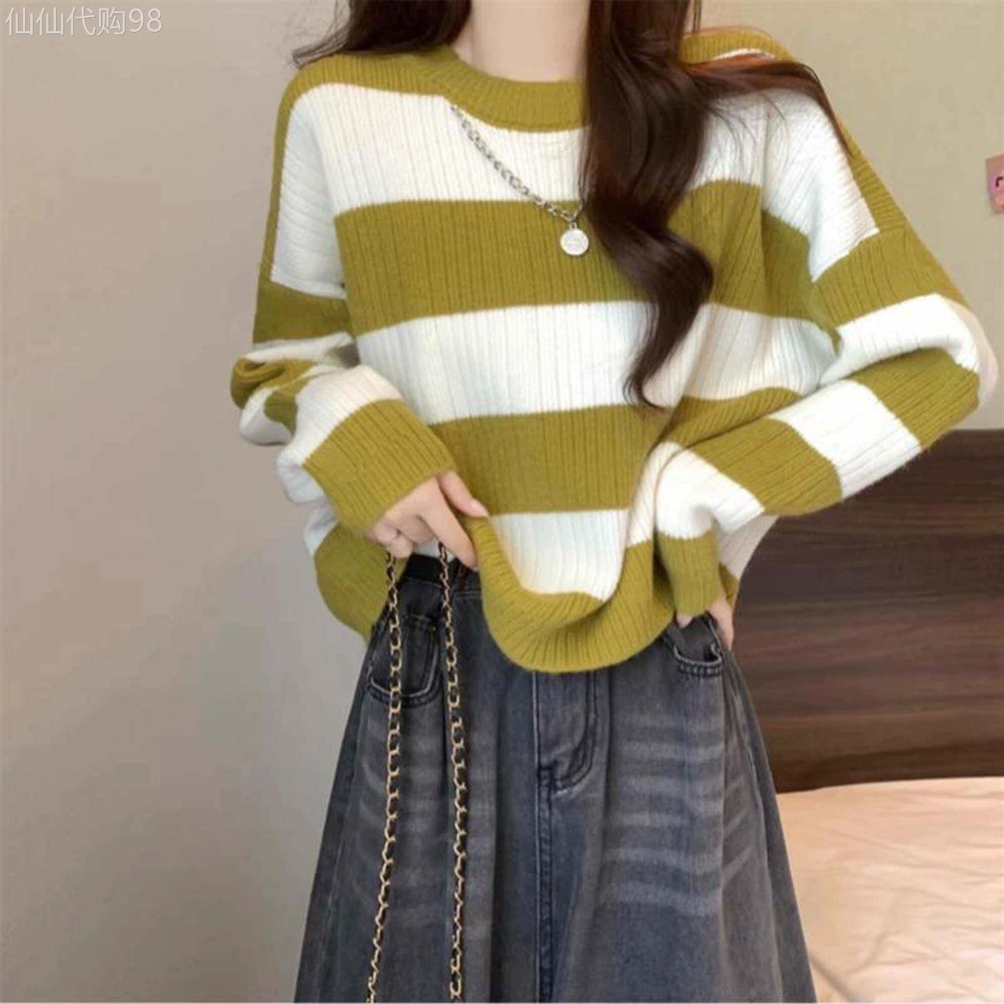 小个子短款针织打底衫条纹毛衣女2026秋冬季新款圆领宽松软糯上衣