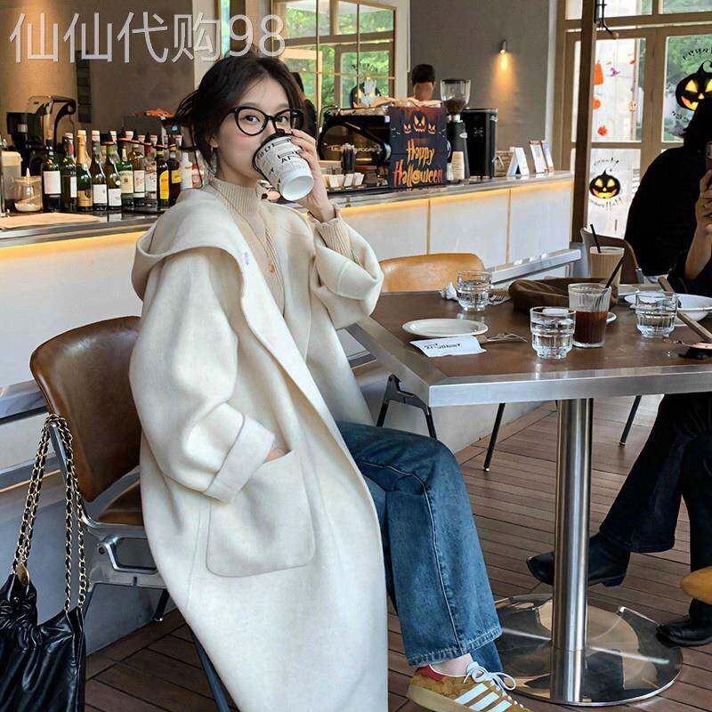 老钱千金感白色连帽双面羊毛大衣女25冬小个子高级感长款毛呢外套