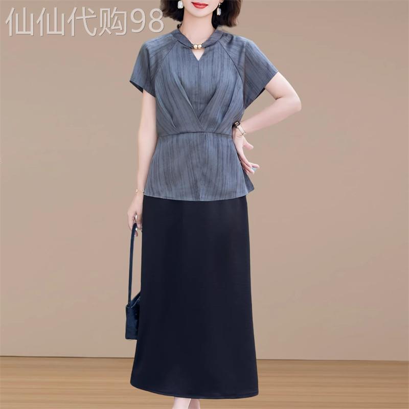 潮牌年轻时尚妈妈洋装套装女夏季中老年洋派雪纺短袖裙子两件套