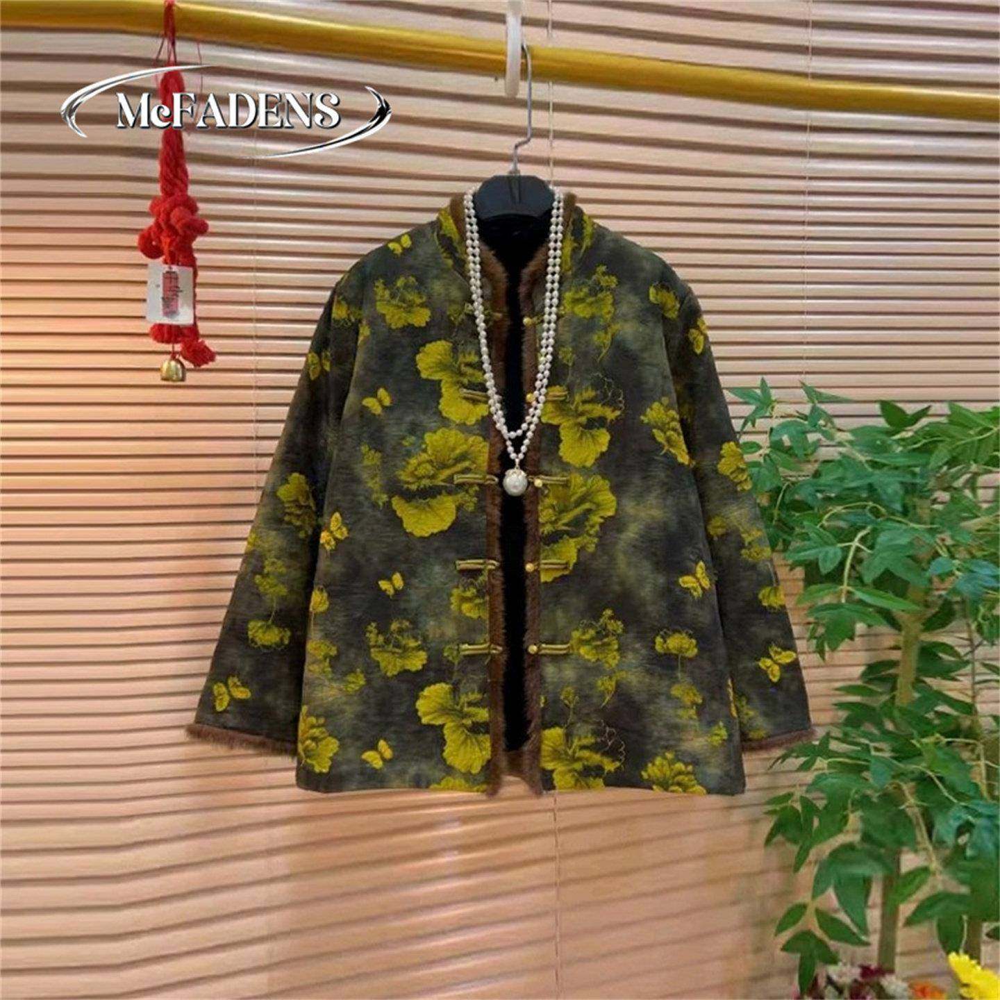 香港胖MM气质复古风显瘦上衣大码女装立领中式盘扣花纹国风棉外套