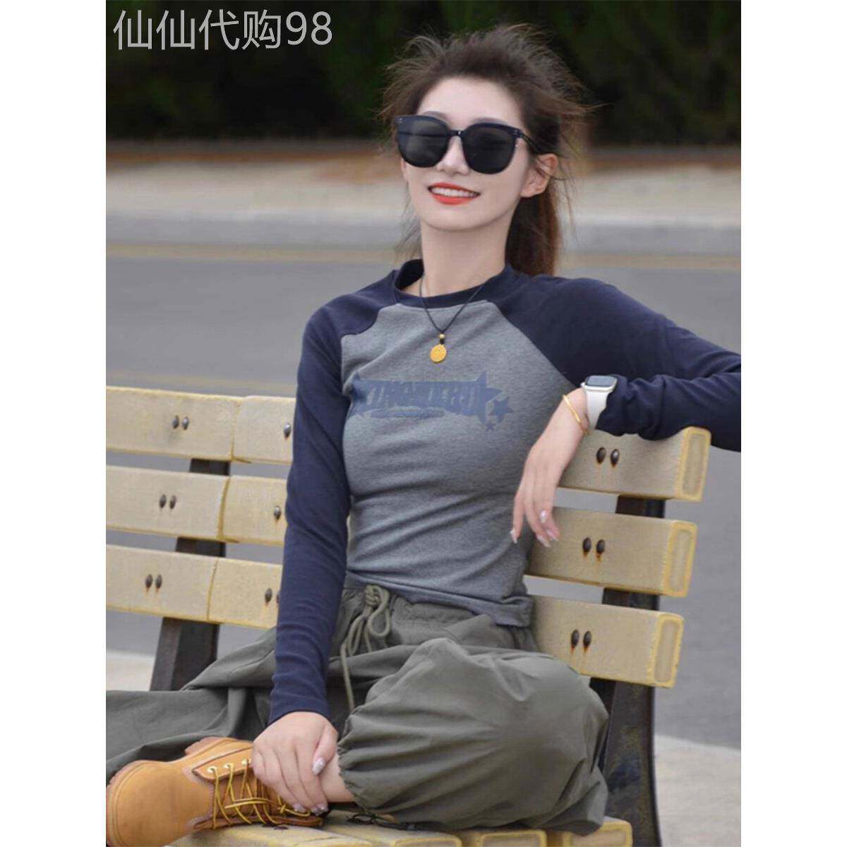 美国覆古长袖女式t恤2025初秋新款修身对比色拼接下摆衬衫Raglan