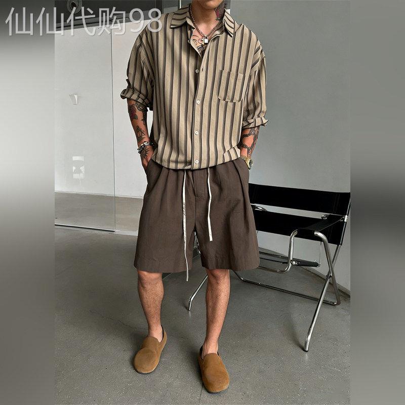 2026夏季高端薄款宽松休闲套装男士韩版短袖条纹衬衫短裤两件套