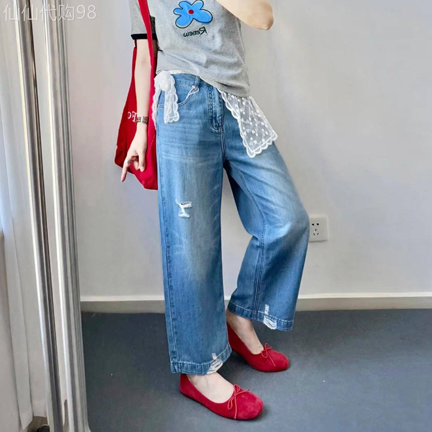 浅色天丝破洞牛仔裤女夏薄款大码胖mm冰丝直筒裤小个子九分阔腿裤