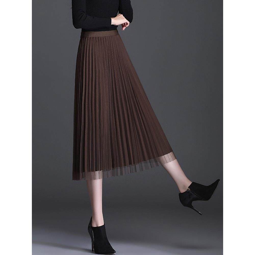 咖色半身裙女秋冬小个子高腰中长款毛呢纱裙高级感a字网纱百褶裙