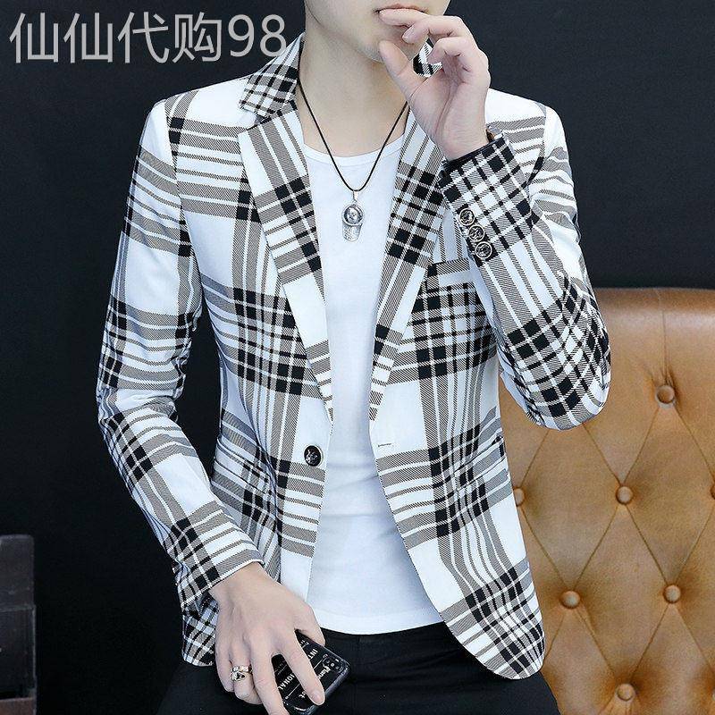 潮牌男士格子西装韩版修身小西服薄款上衣春秋季短款休闲西服外套