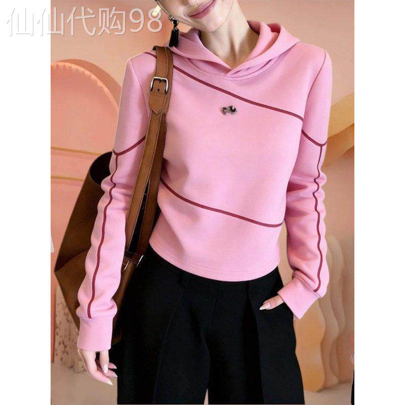 欧货粉色连帽卫衣女2026春秋新款高级设计感小众减龄显瘦长袖上衣