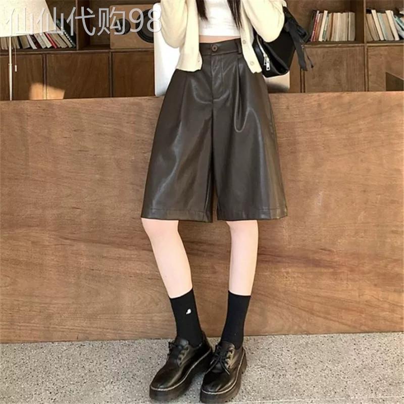 复古风咖啡色pu皮五六分裤女夏季高腰显瘦A字阔腿宽松休闲短裤子