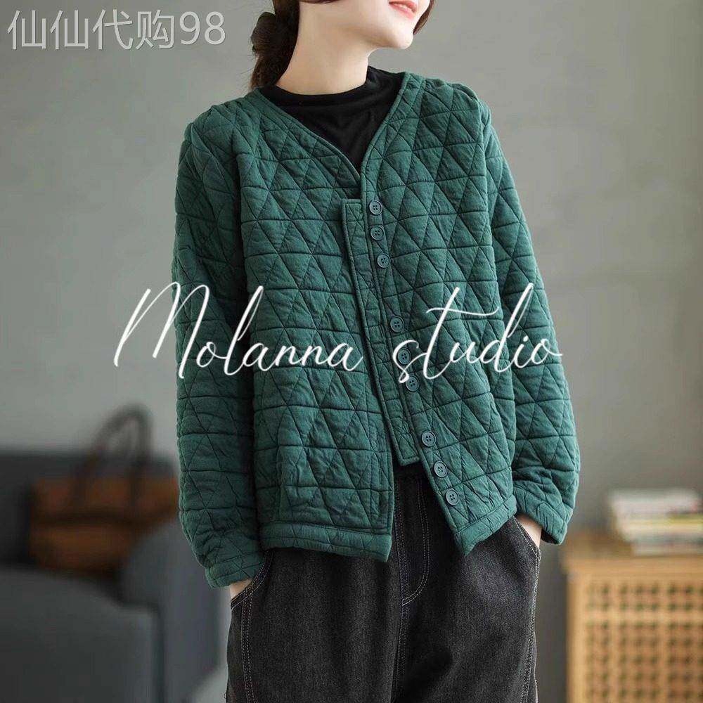 时尚菱格棉服外套女秋冬新款宽松加厚保暖女士V领开衫棒球服上衣