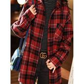 女大码 香港TIMO春秋磨毛长袖 格子衬衫 衬衣宽松百搭休闲上衣外套