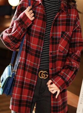 香港TIMO春秋磨毛长袖格子衬衫女大码衬衣宽松百搭休闲上衣外套