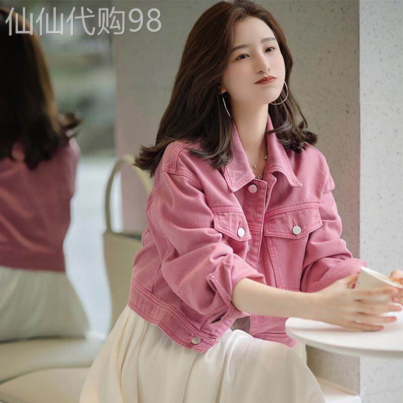 翻领玫粉色牛仔外套女春秋季欧货短款小个子搭配连衣裙的甜美上衣