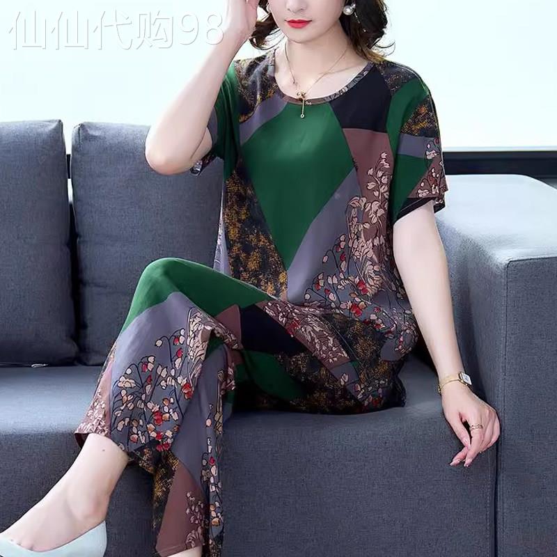 中老年妈妈棉绸可外穿套装女秋夏新款时尚大尺码睡衣短袖人棉家居