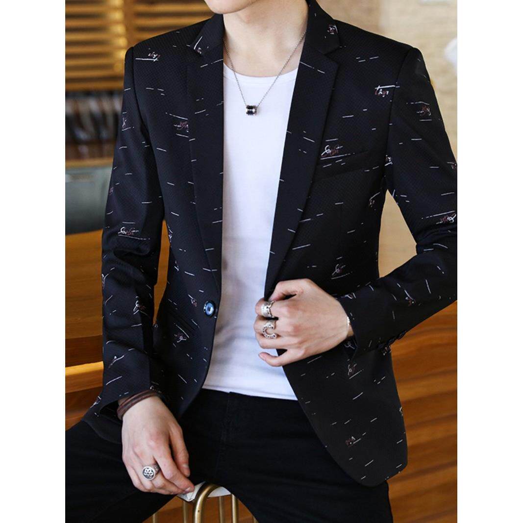 西服男休闲韩版帅气百搭修身小西装春季新款青年印花外套痞帅单西