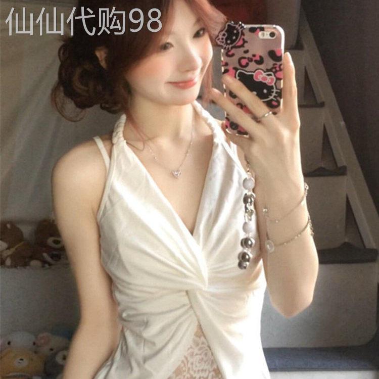 海岛绝美辣妹白色带胸垫的假两件扭结蕾丝吊带背心女挂颈无袖上衣