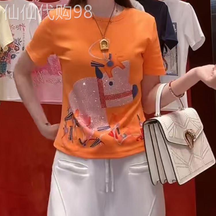 韩国重工烫钻印花卡通小马橙色短袖女t恤2026新款夏季设计感上衣