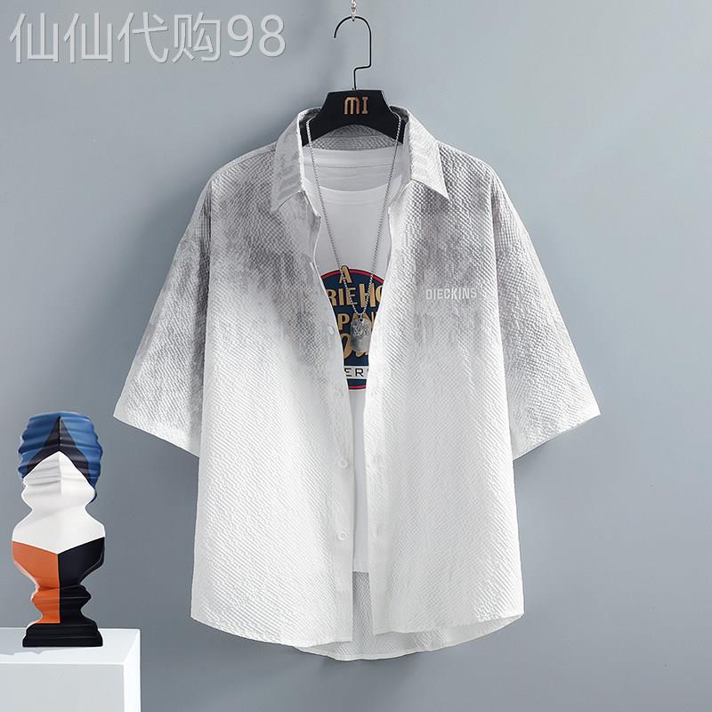 渐变色五分袖衬衫男士夏季潮流翻领短袖衬衣宽松休闲男装上衣外套