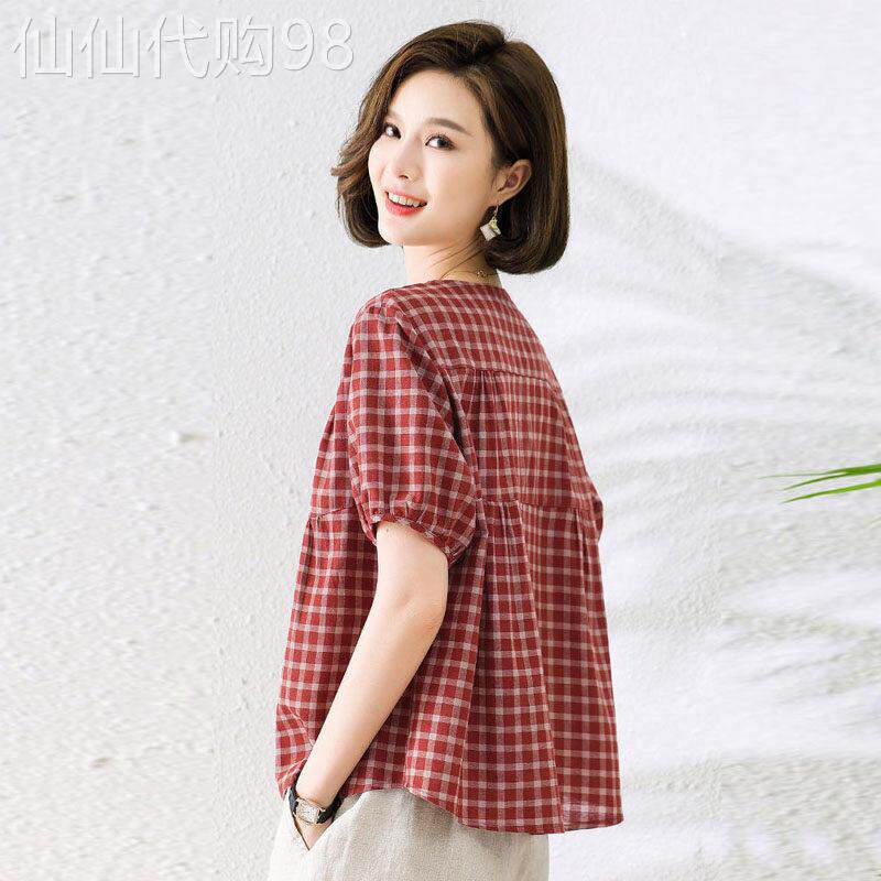 短袖衬衫女士2026夏季新款中年妈妈大尺码宽松遮肚子短款格子上衣