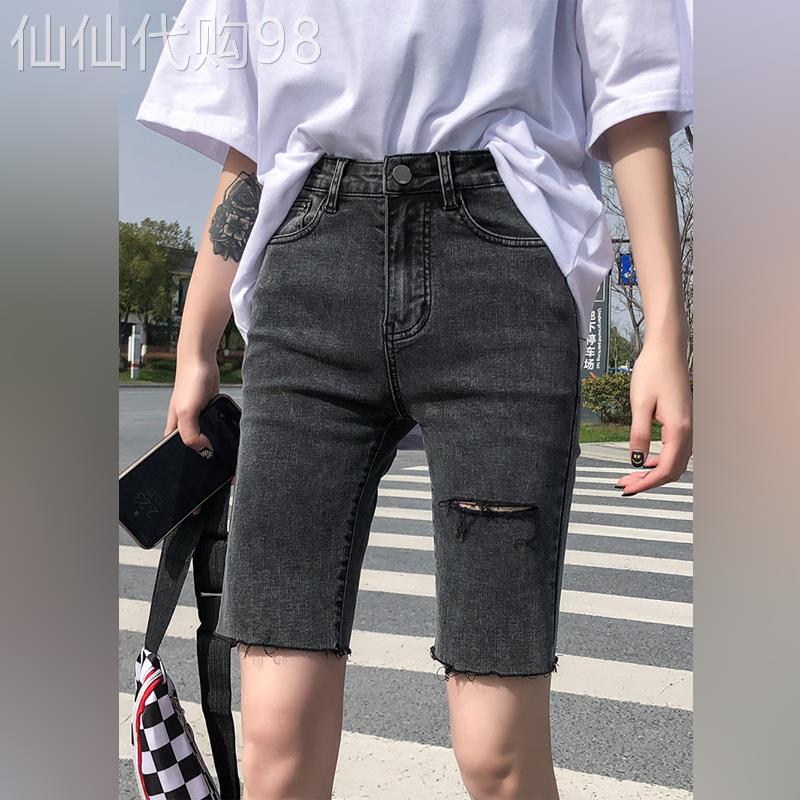 潮牌灰色五分牛仔短裤女2026夏季新款弹力高腰紧身骑行破洞五分裤