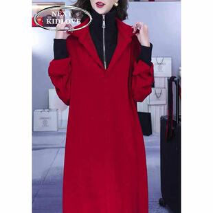 香港大码女装立领假两件红色长袖连衣裙子秋冬胖mm遮肉卫衣裙加绒