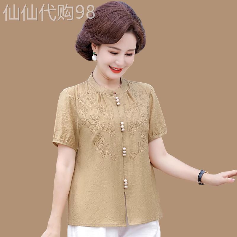 中老年妈妈装2026夏季新款国风纯棉短袖衬衫女洋气绣花上衣薄款