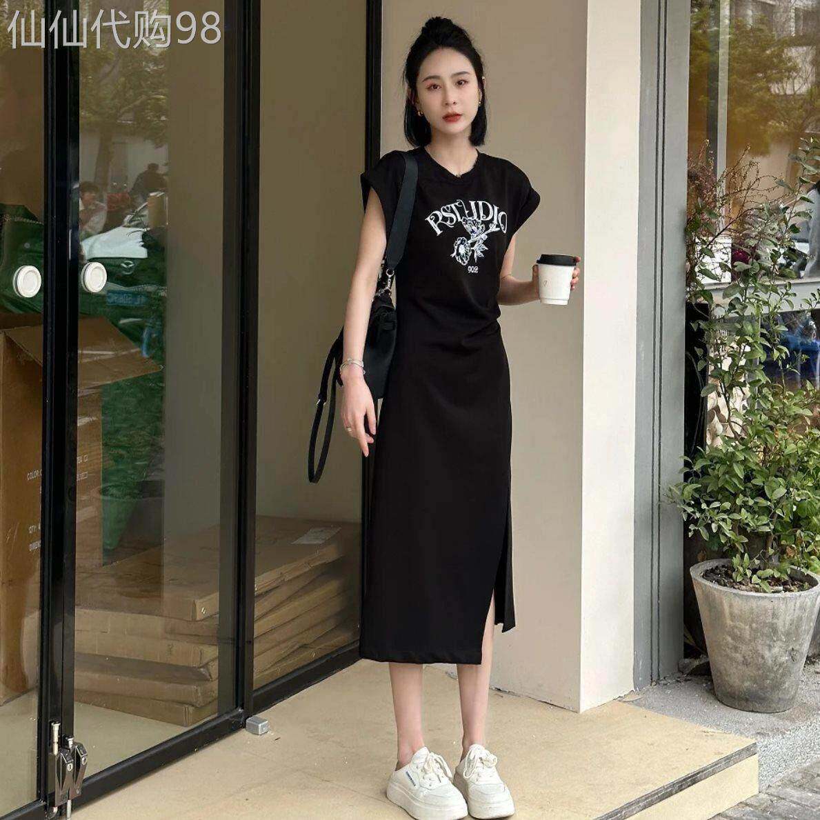 圆领字母印花短袖连衣裙女夏季欧货不规则褶皱收腰开叉长款T恤裙