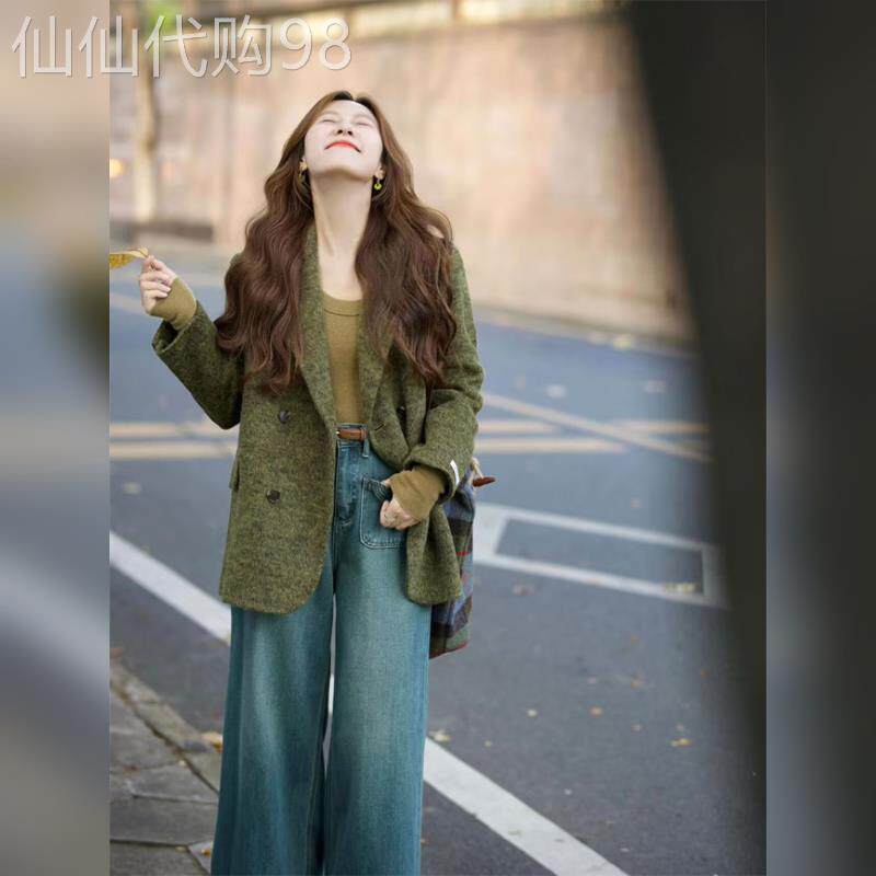 今年流行爆款韩系绿色毛呢外套女2025春季宽松时尚西装百搭上衣