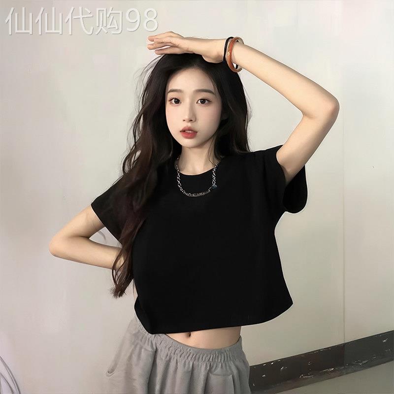 黑色t恤女2025新款夏季短款高腰短袖纯棉打底衫纯色内搭半袖上衣