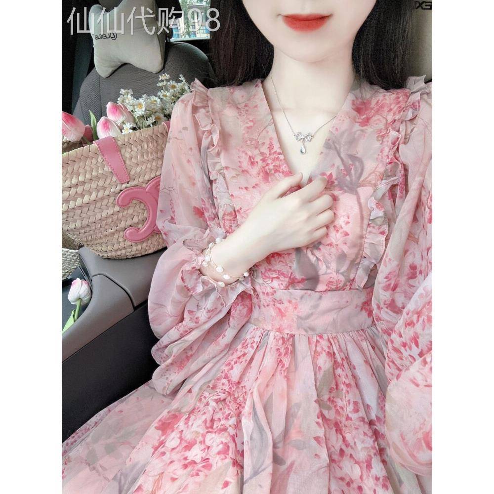 欧洲站秋装2025新款粉色碎花长袖连衣裙女气质名媛女神范收腰裙子