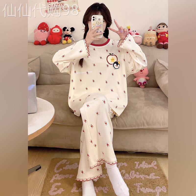 潮牌纯棉睡衣女款2026春秋新款长袖甜美女孩大码全棉家居服套装