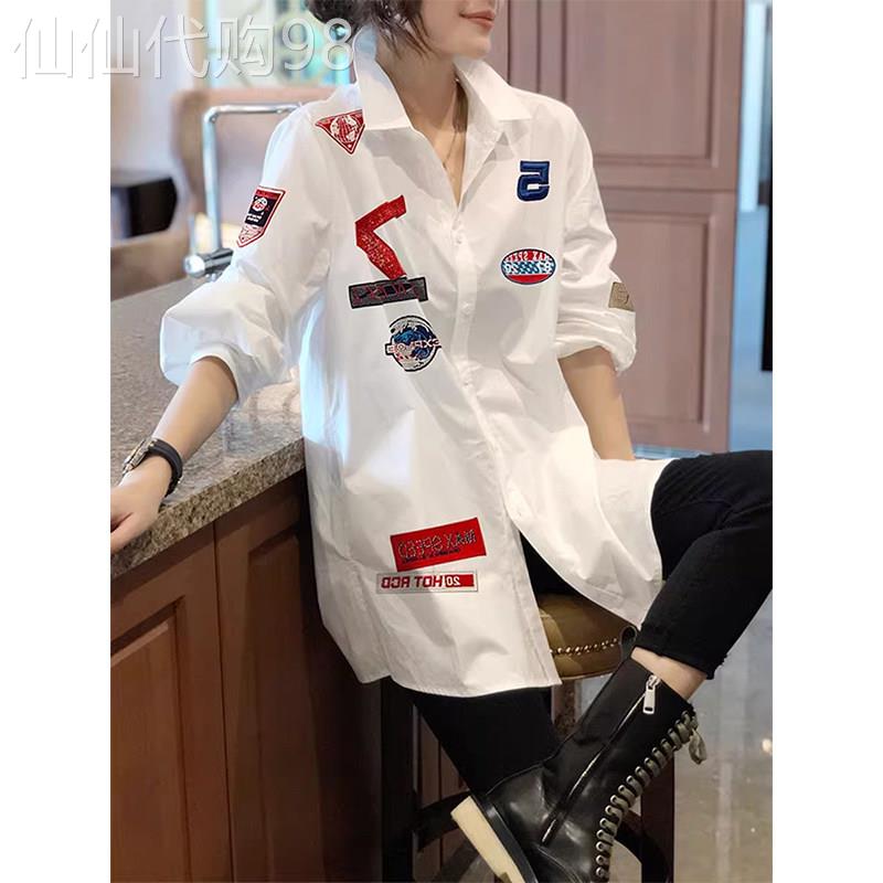 长袖衬衫女中长版春秋2026新款美式复古宽松时尚刺绣印花休闲上衣