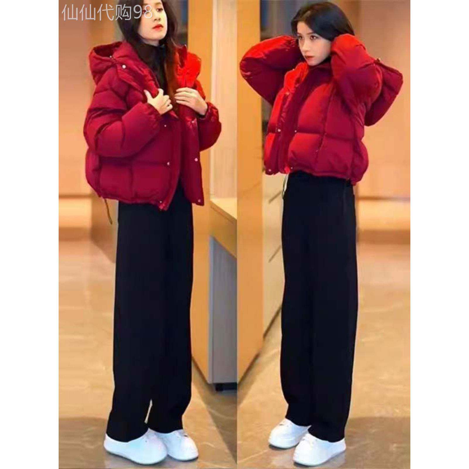 冬季羽绒棉服套装女2025新款小个子宽松连帽短款加绒裤子两件套潮
