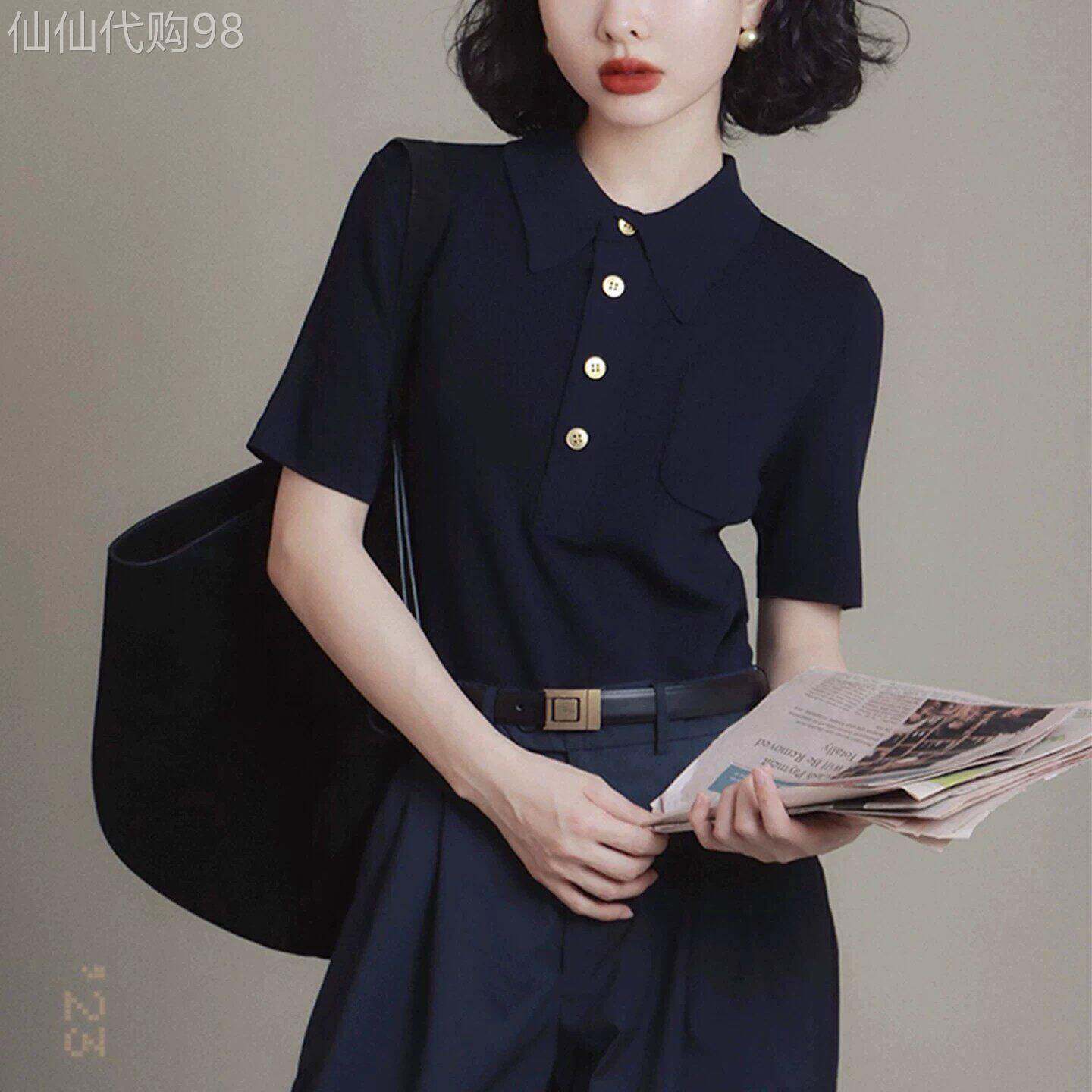 藏青色polo领短袖t恤女夏季薄款透气轻奢高级感内搭翻领针织上衣